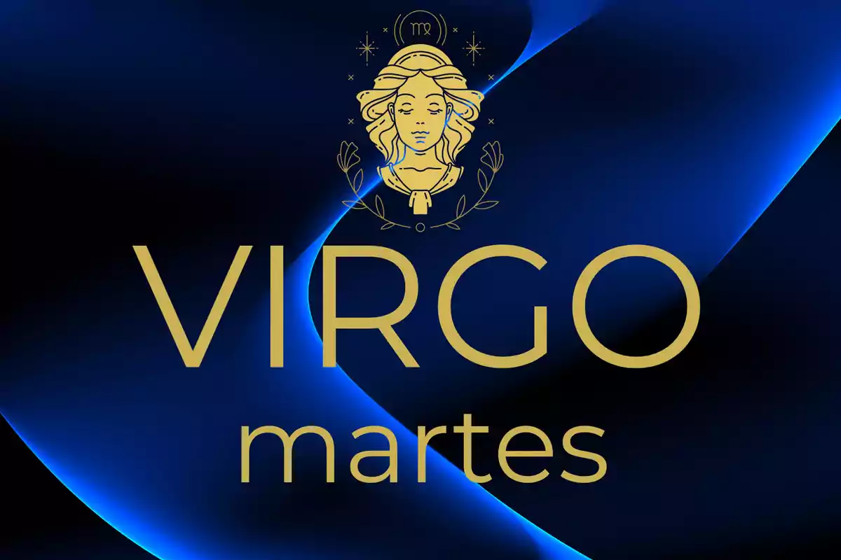 Ilustración dorada de un rostro femenino con el símbolo de Virgo sobre un fondo azul oscuro con las palabras VIRGO martes en letras grandes.