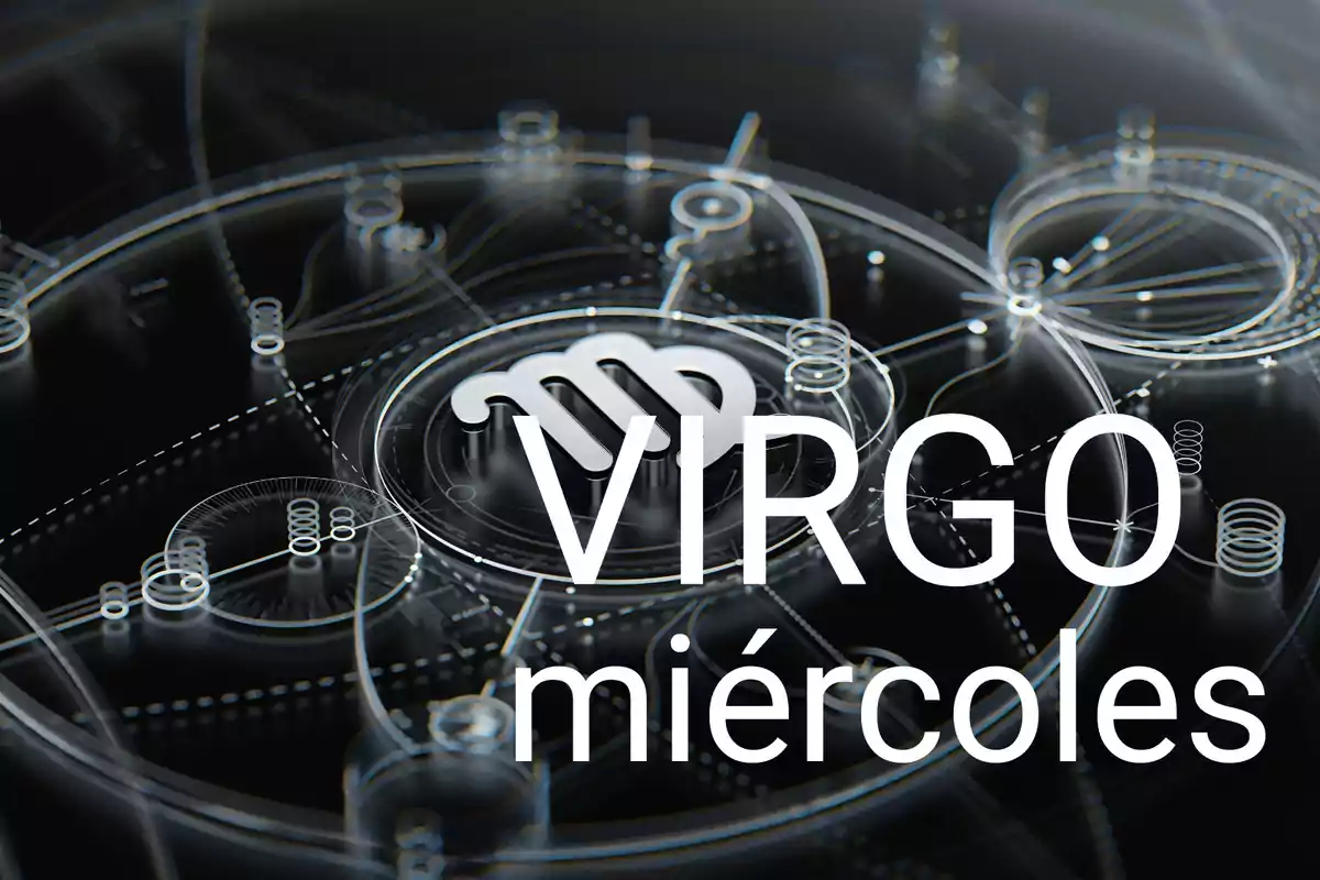 Símbolo de Virgo en un fondo futurista con las palabras Virgo miércoles en letras grandes blancas