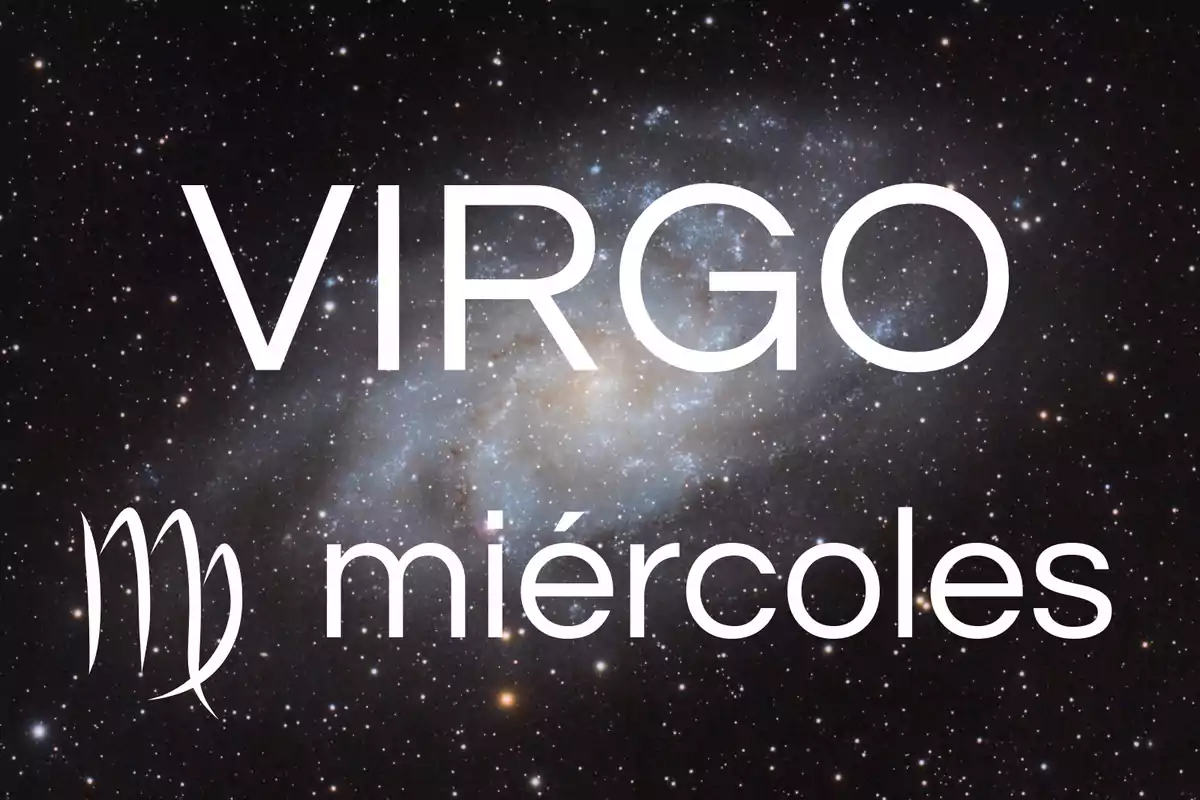 Fondo de galaxia con la palabra VIRGO en grande, el símbolo del signo zodiacal y la palabra miércoles