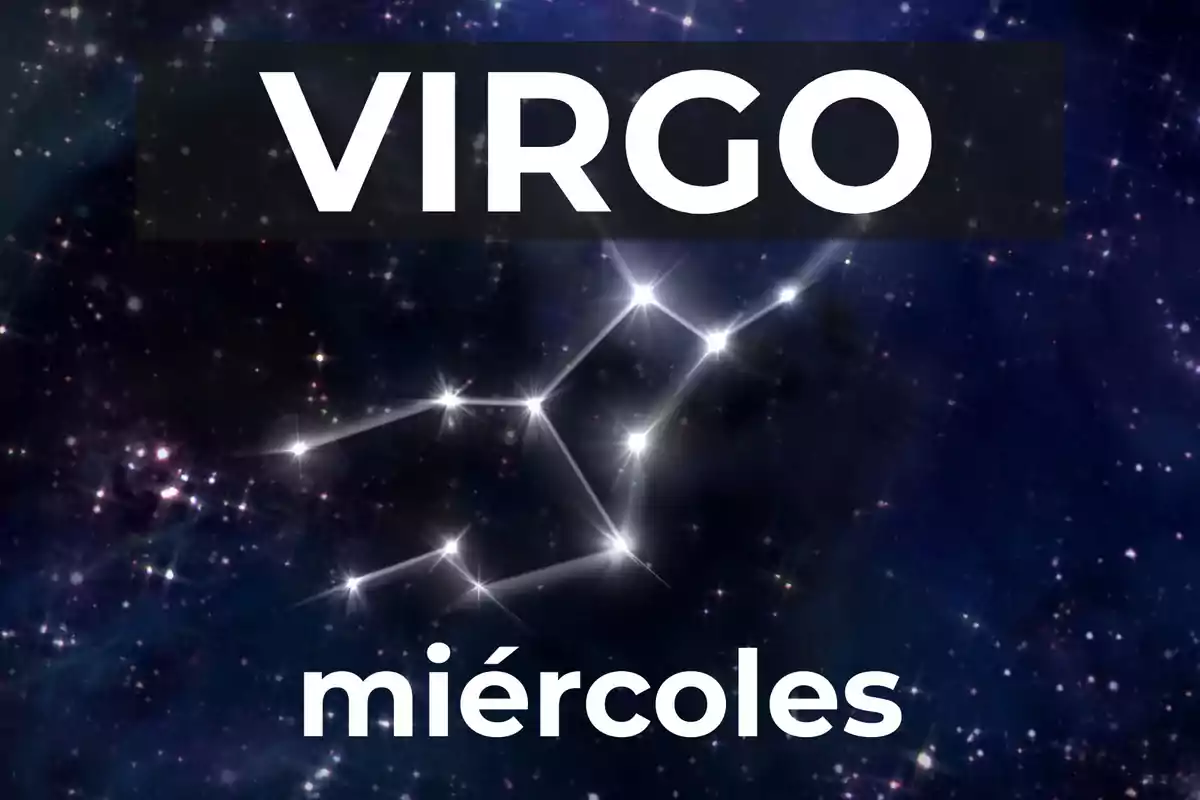 Fondo de estrellas con la constelación de Virgo resaltada y las palabras Virgo y miércoles en letras grandes.