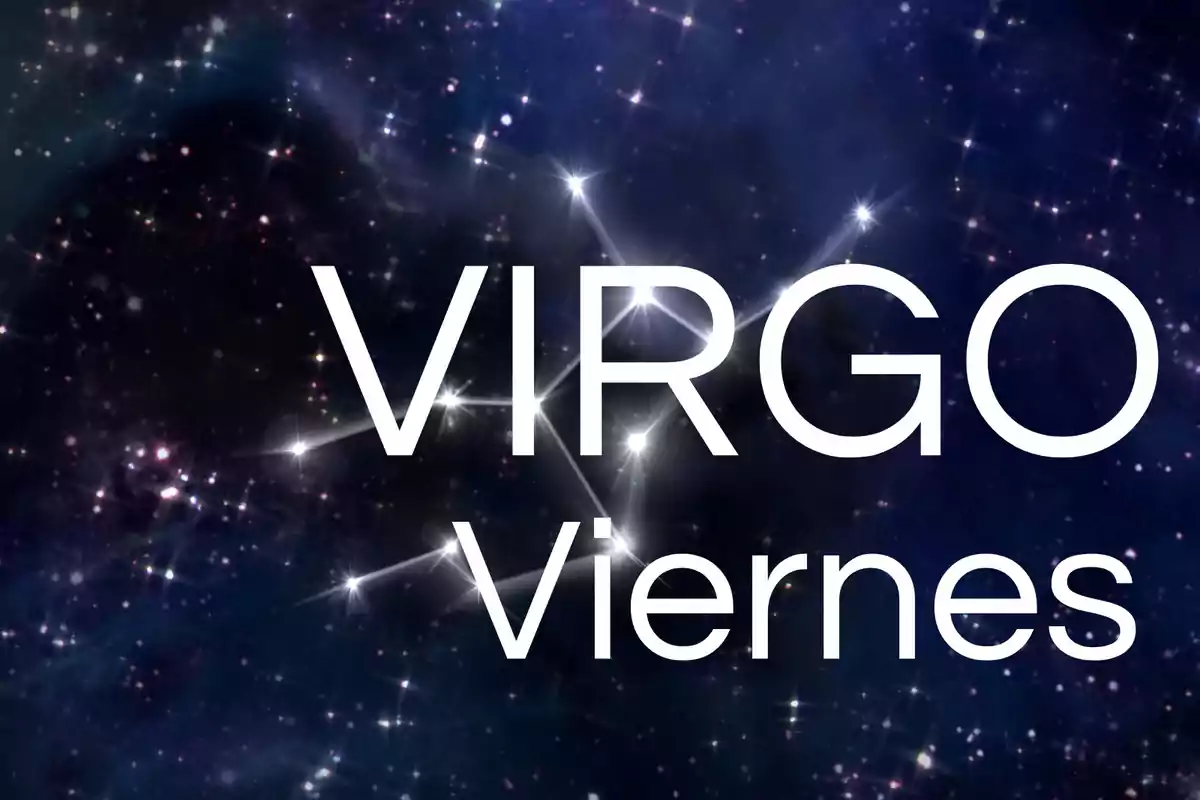 Fondo de estrellas con la palabra Virgo y el día viernes en letras grandes blancas