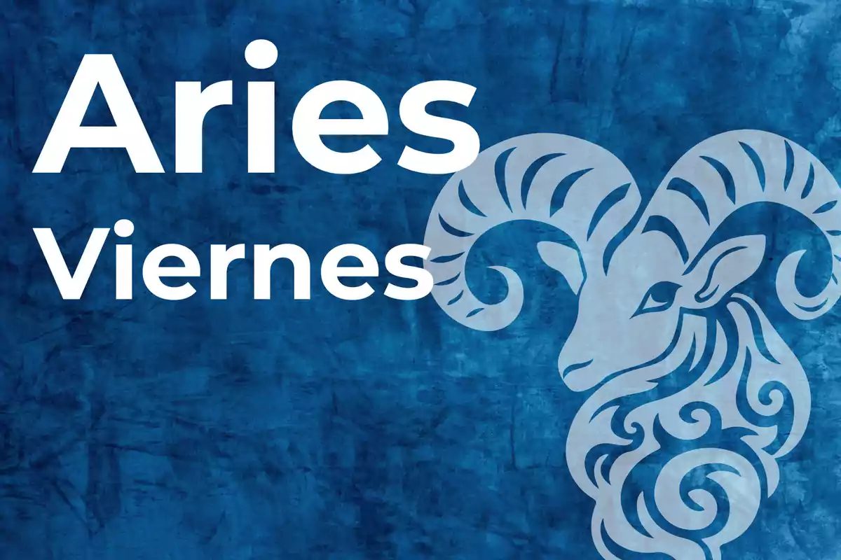Fondo azul con la palabra Aries, la palabra Viernes y la ilustración de un carnero estilizado