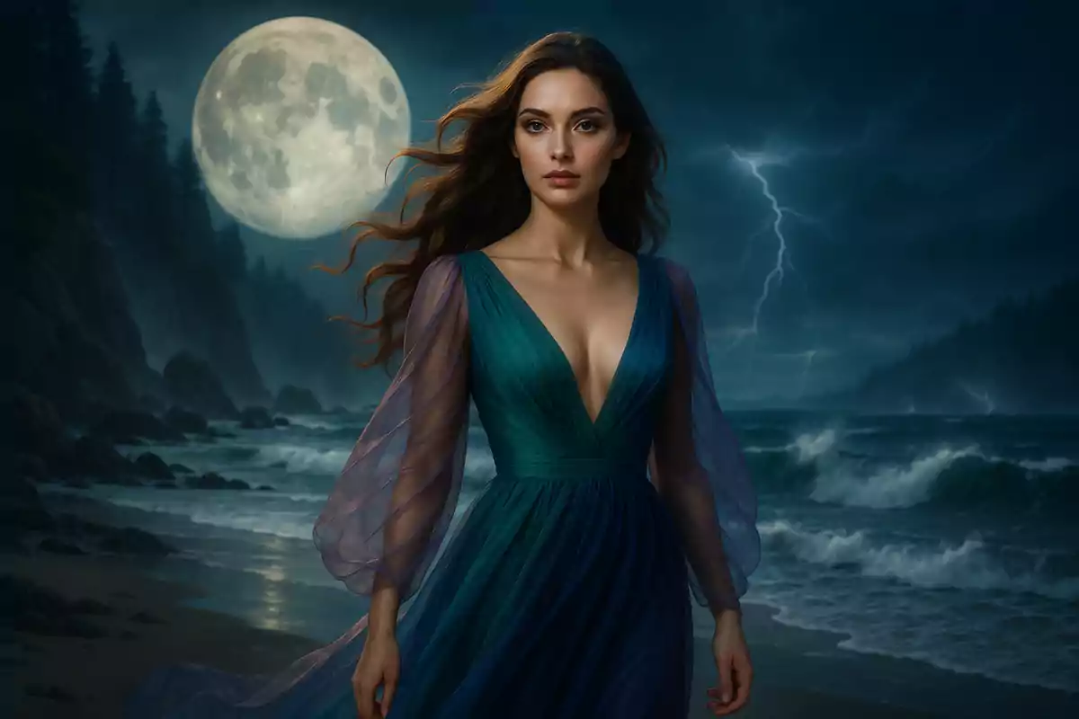 Mujer con vestido azul de tul caminando por la playa de noche con la luna llena y relámpagos en el cielo oscuro