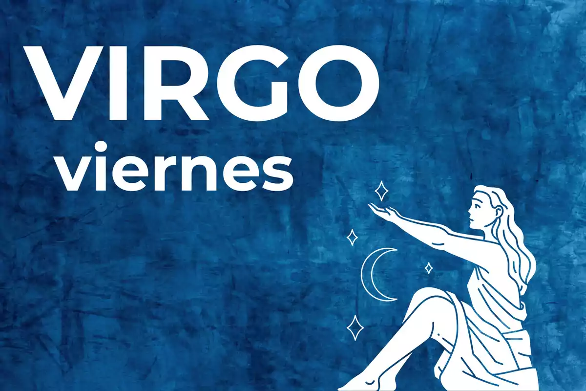 Horóscopo de Virgo para el viernes con fondo azul y una figura femenina junto a una luna y estrellas